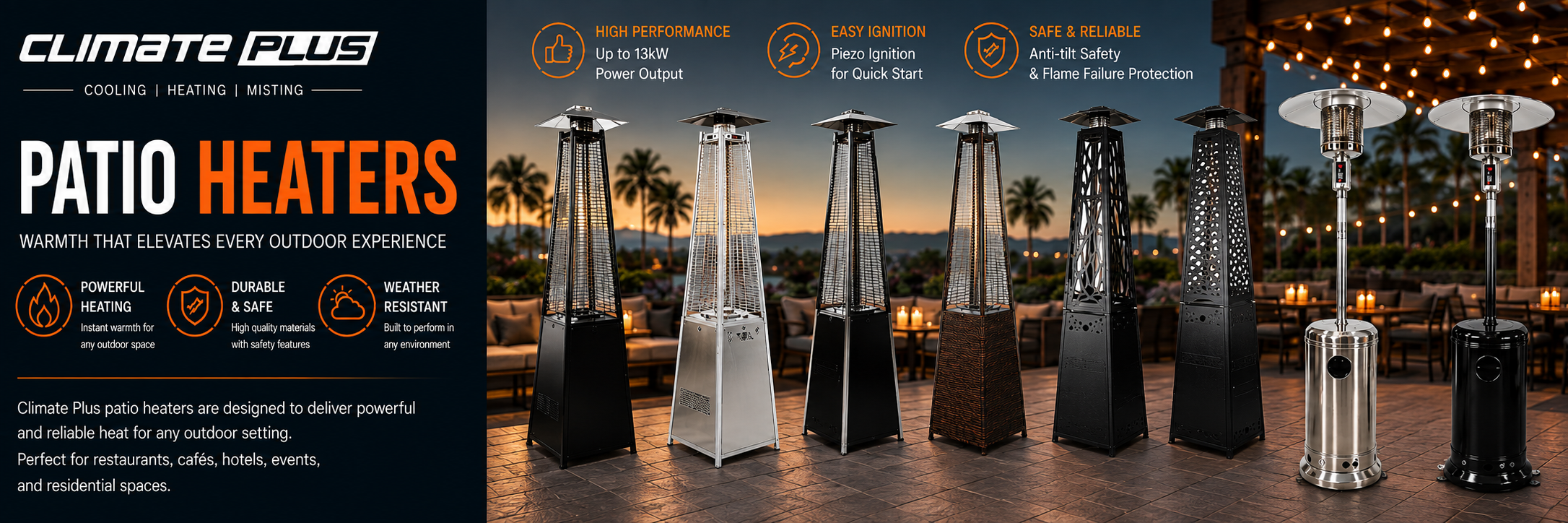Buy or rent patio heaters in Dubai & UAE. Climate Plus offers gas, pyramid, mushroom & electric outd