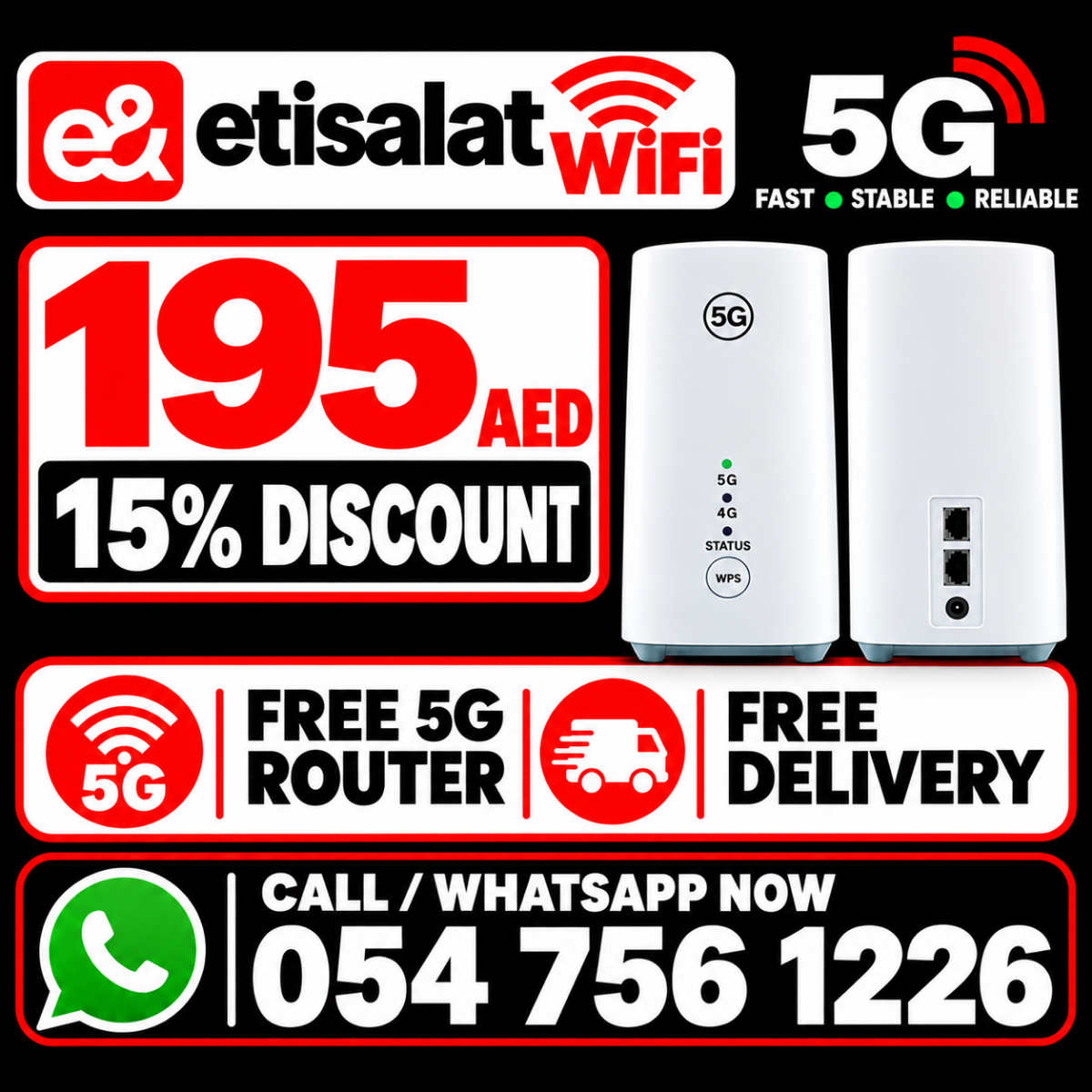 Etisalat home wifi 15% discount for all customers
229 AED plan is now available in 195 AED
etisalat 