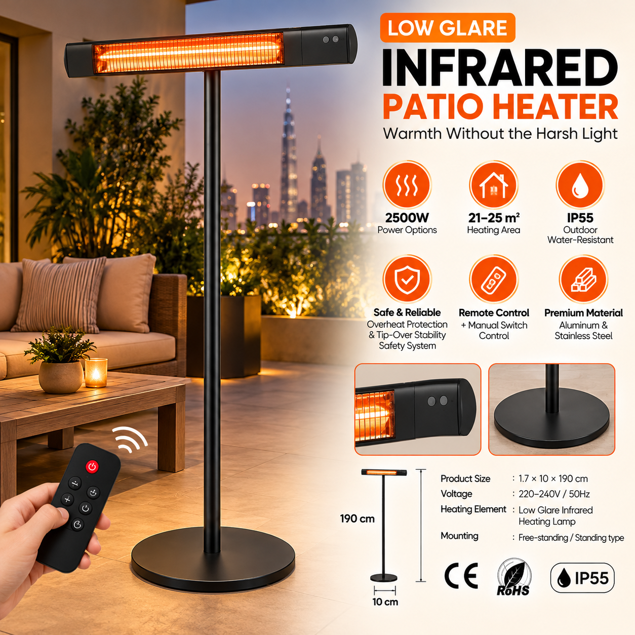 Outdoor Infrared Patio Heater – Low Glare Electric Standing Heater
