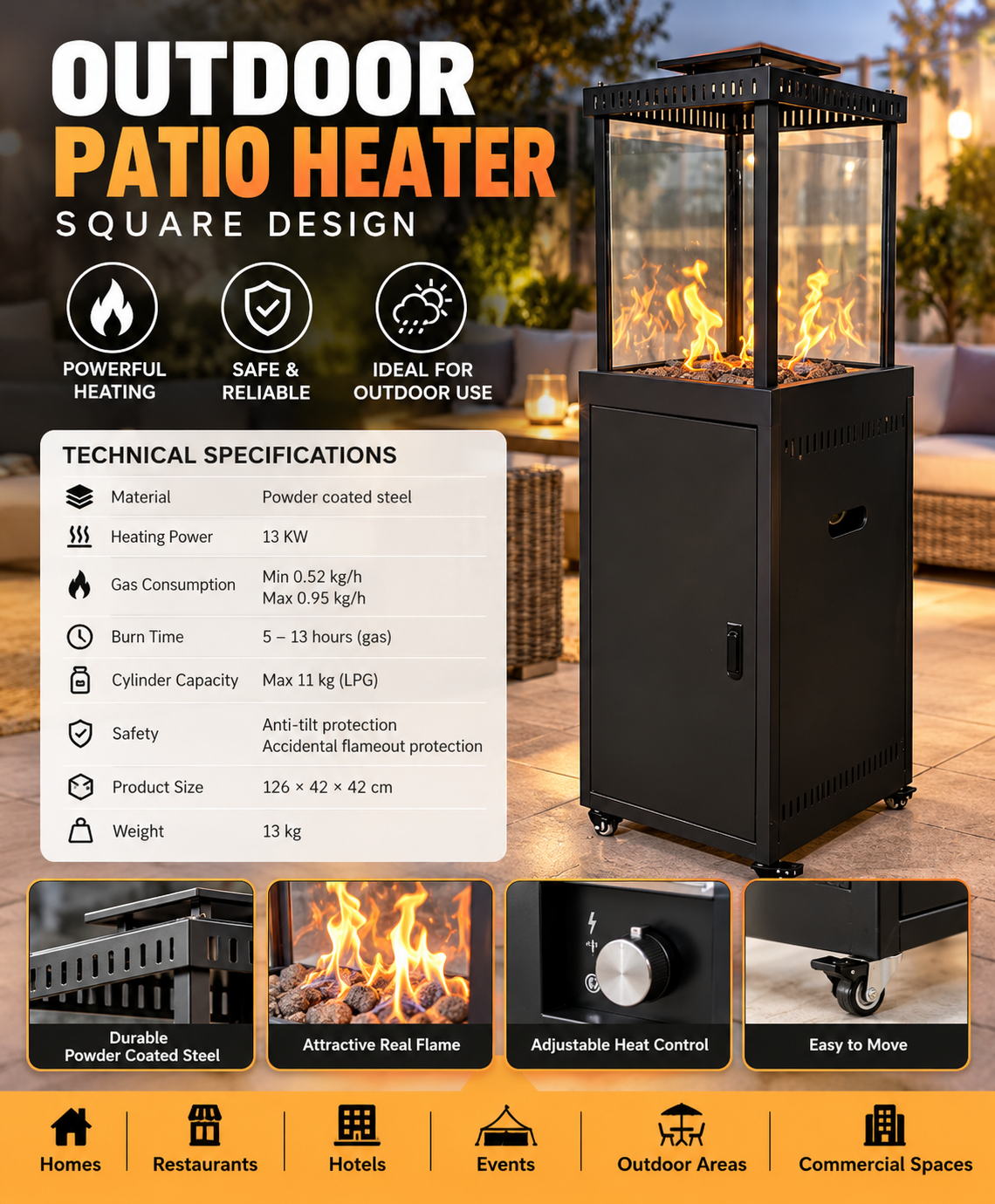 Outdoor patio heater with square design